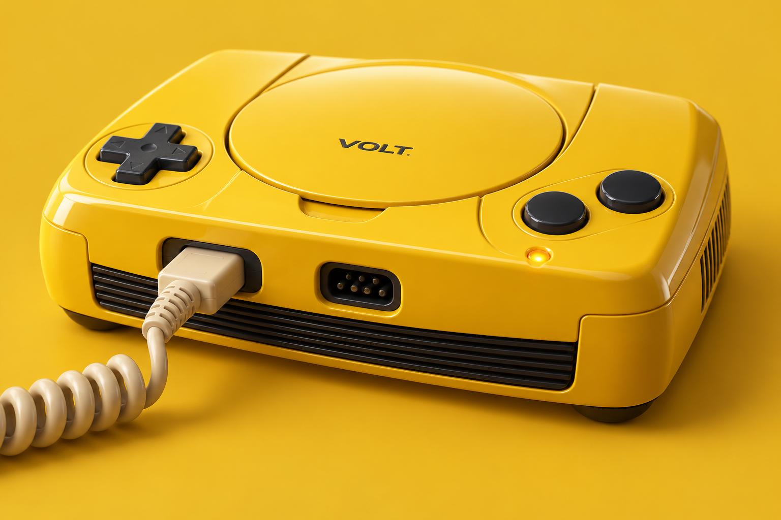 Glossy yellow VOLT console with controller ports and a coiled cable